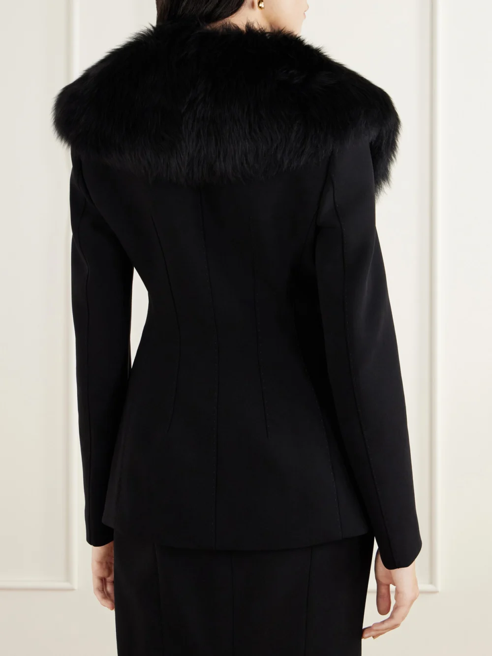 Back view of the Dolce & Gabbana Peplum Plush-trimmed Wool-blend Jacket