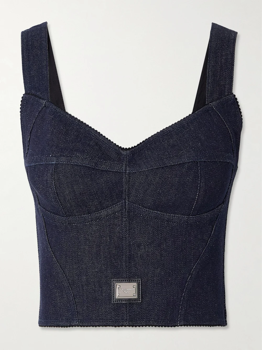Dolce & Gabbana Picot-trimmed Denim Bustier Top in navy