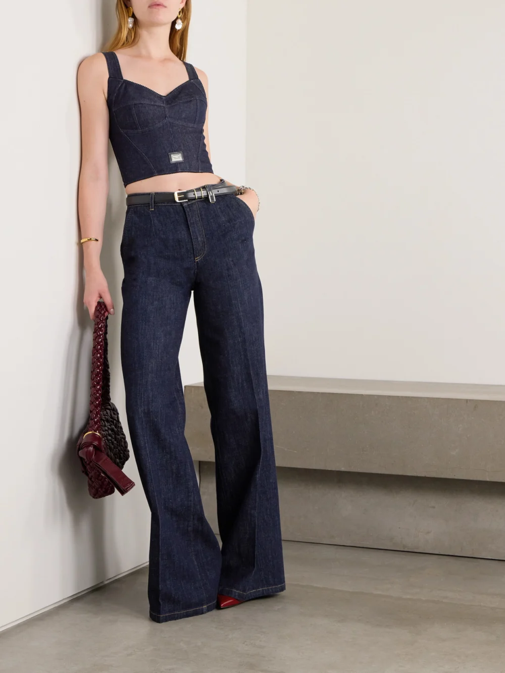 Dolce & Gabbana Picot-trimmed Denim Bustier Top, worn by a model