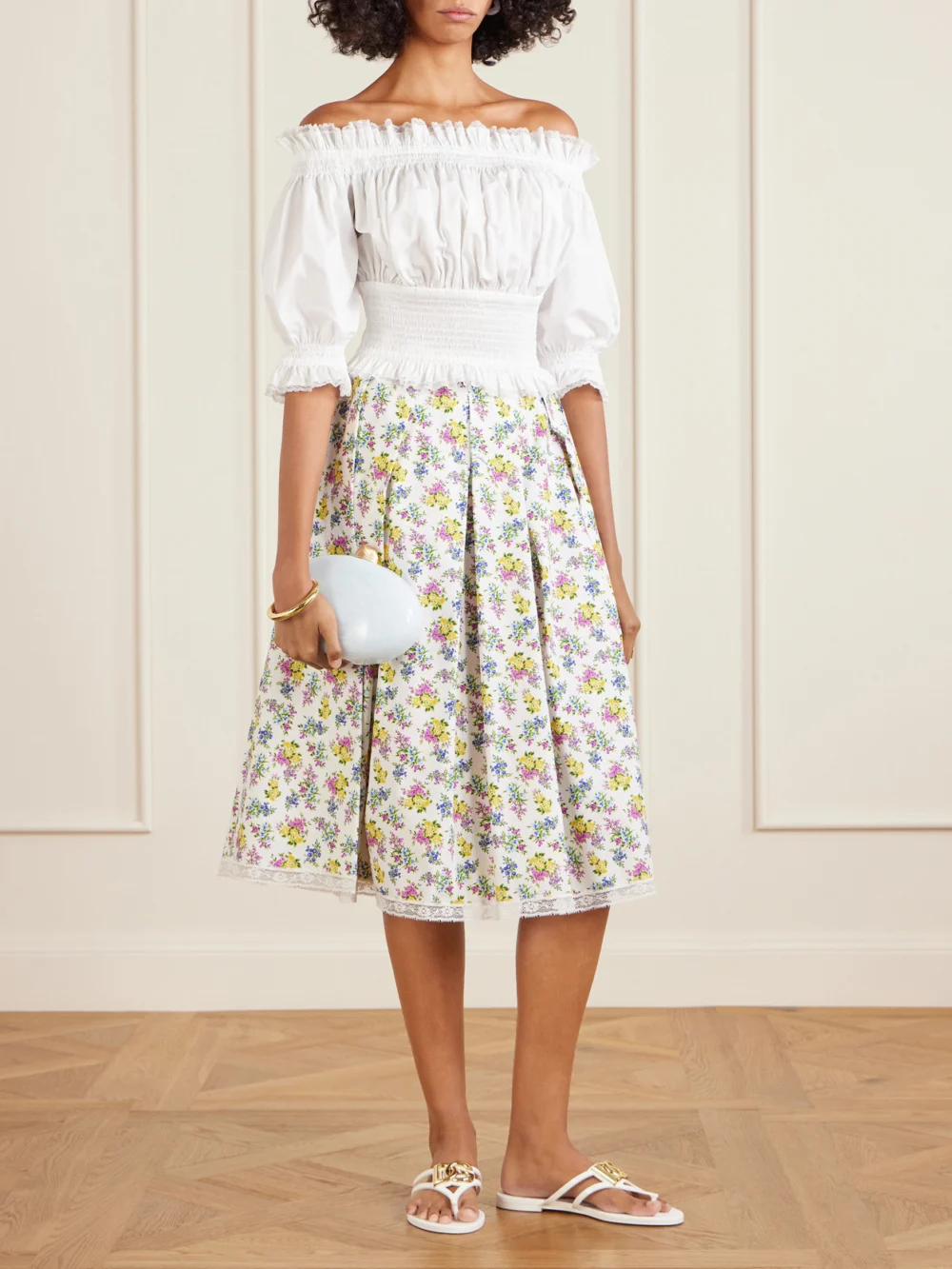 Dolce & Gabbana Pleated Floral-print Cotton-poplin Midi Skirt, worn by a model