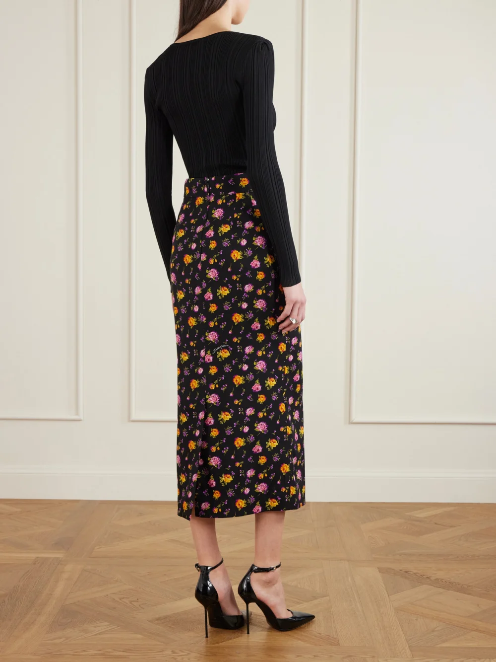 Back view of the Dolce & Gabbana Pleated Floral-print Silk-blend Charmeuse Midi Skirt