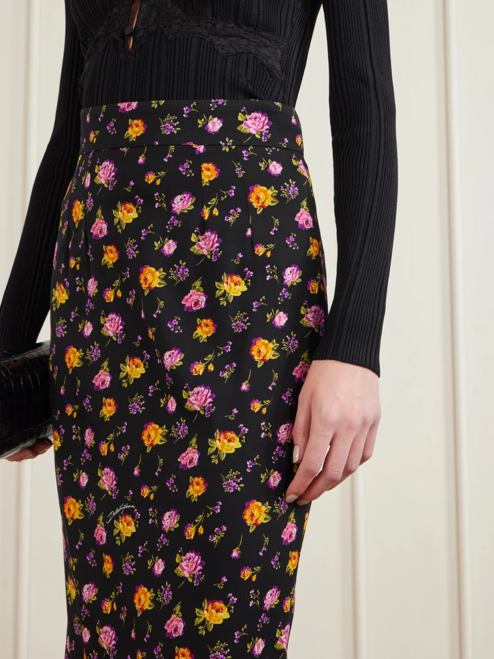 Close-up detail of the Dolce & Gabbana Pleated Floral-print Silk-blend Charmeuse Midi Skirt