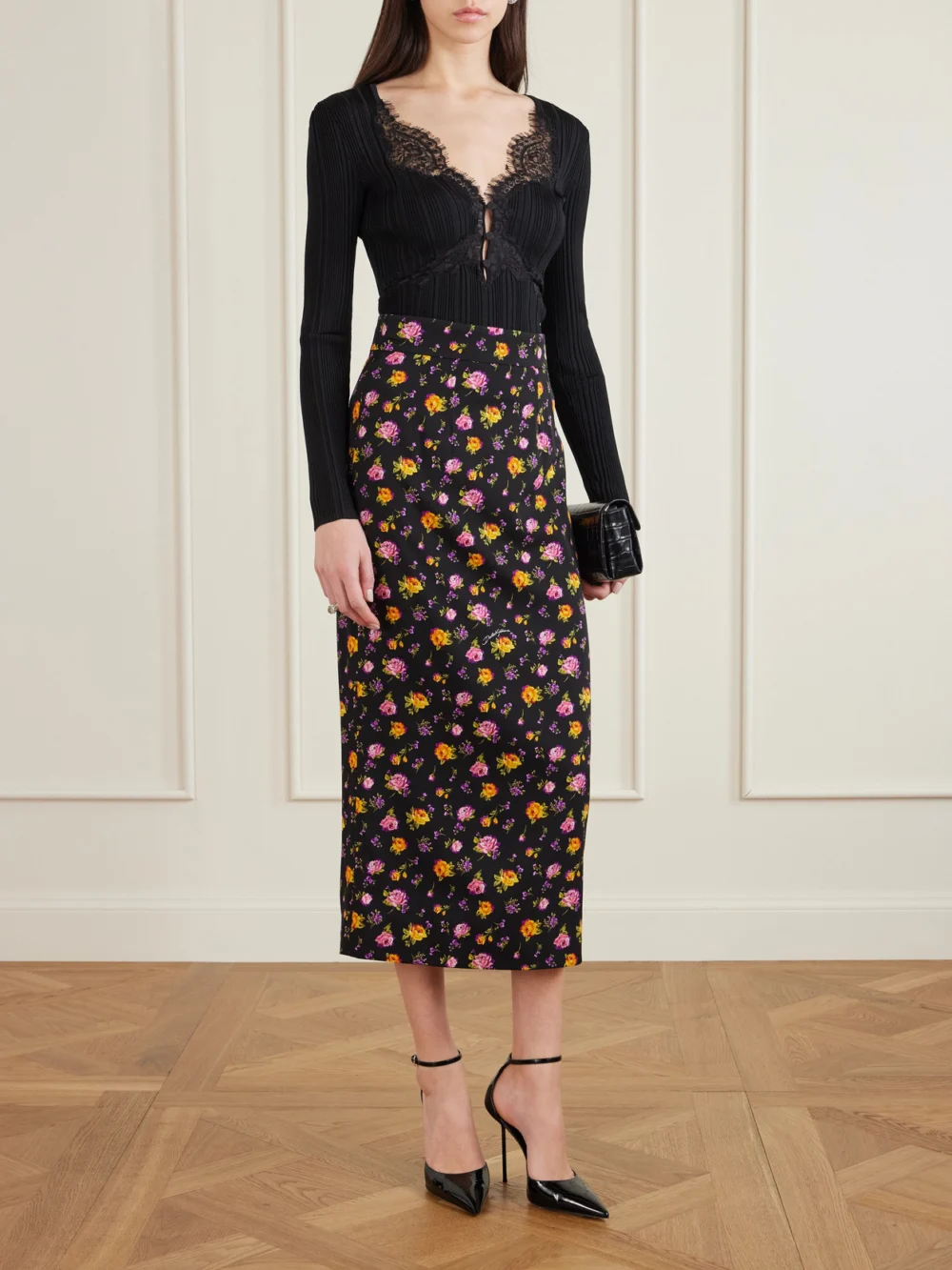 Dolce & Gabbana Pleated Floral-print Silk-blend Charmeuse Midi Skirt, worn by a model