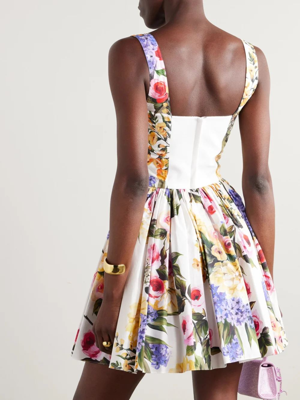 Back view of the Dolce & Gabbana Pleated Floral-print Stretch Cotton-poplin Mini Dress