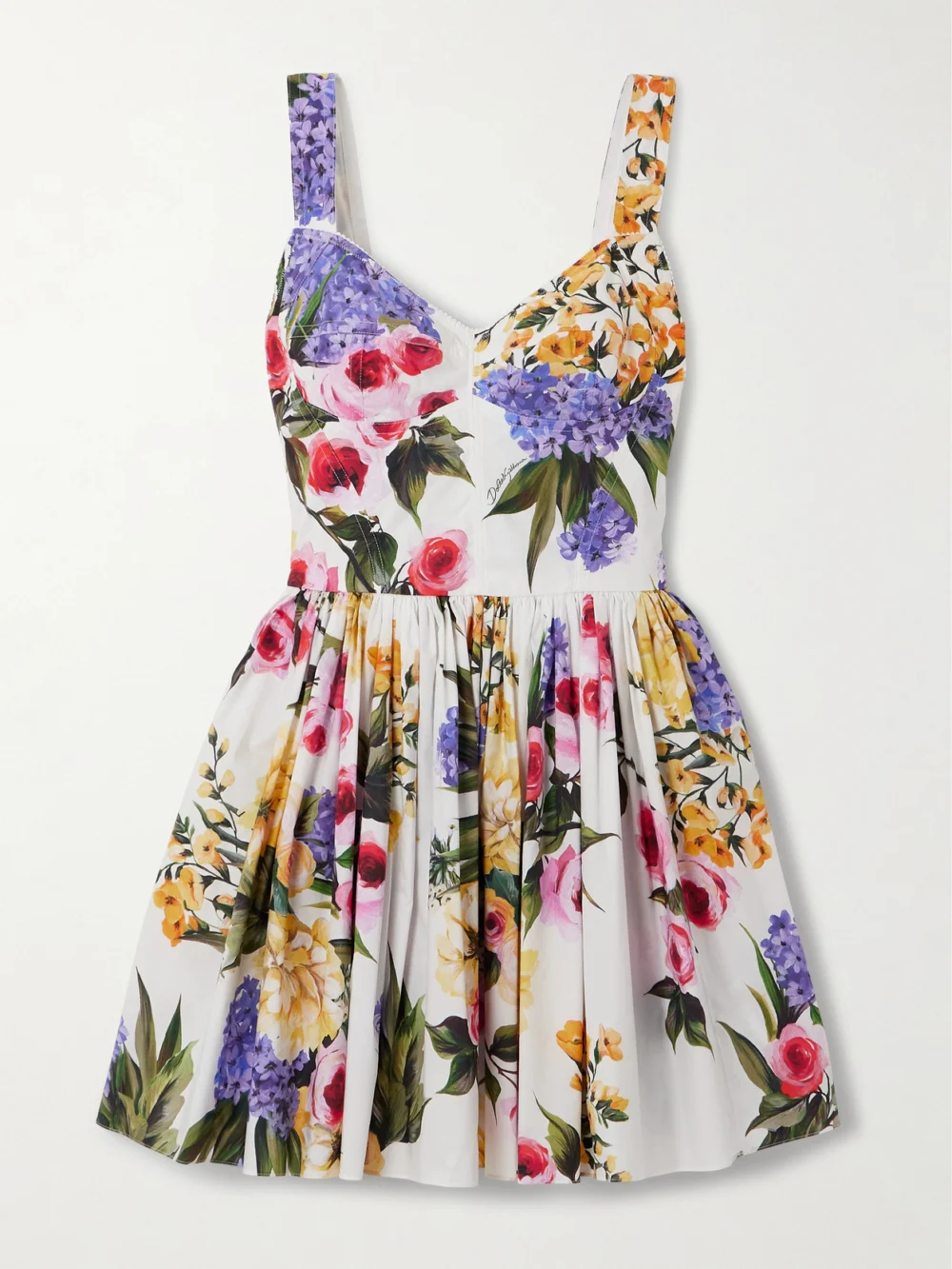 Dolce & Gabbana Pleated Floral-print Stretch Cotton-poplin Mini Dress in white
