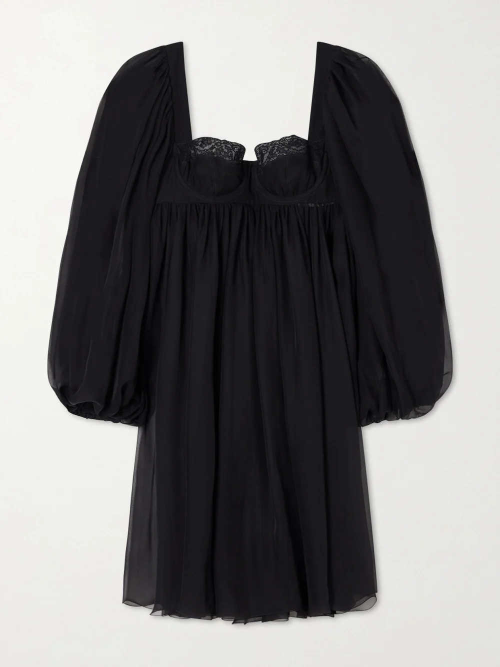 Dolce & Gabbana Pleated Lace-trimmed Silk and Cotton-blend Voile Mini Dress in black