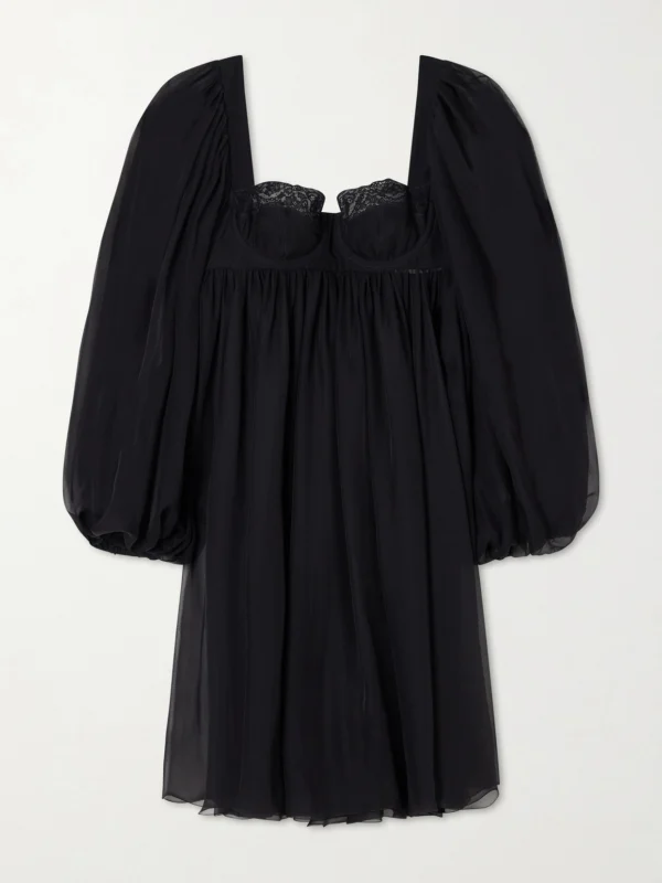 Dolce & Gabbana Pleated Lace-trimmed Silk and Cotton-blend Voile Mini Dress