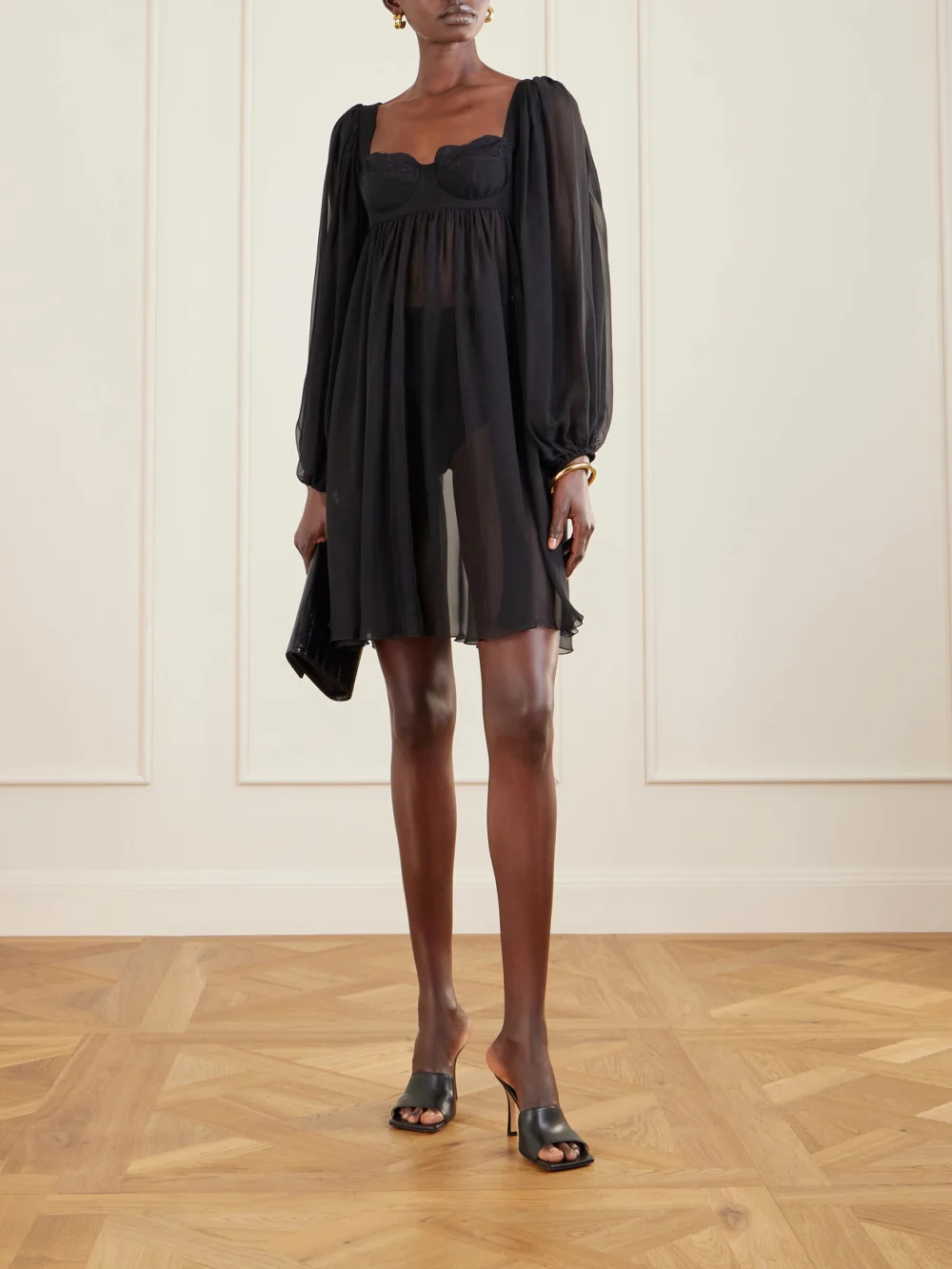 Dolce & Gabbana Pleated Lace-trimmed Silk and Cotton-blend Voile Mini Dress, worn by a model