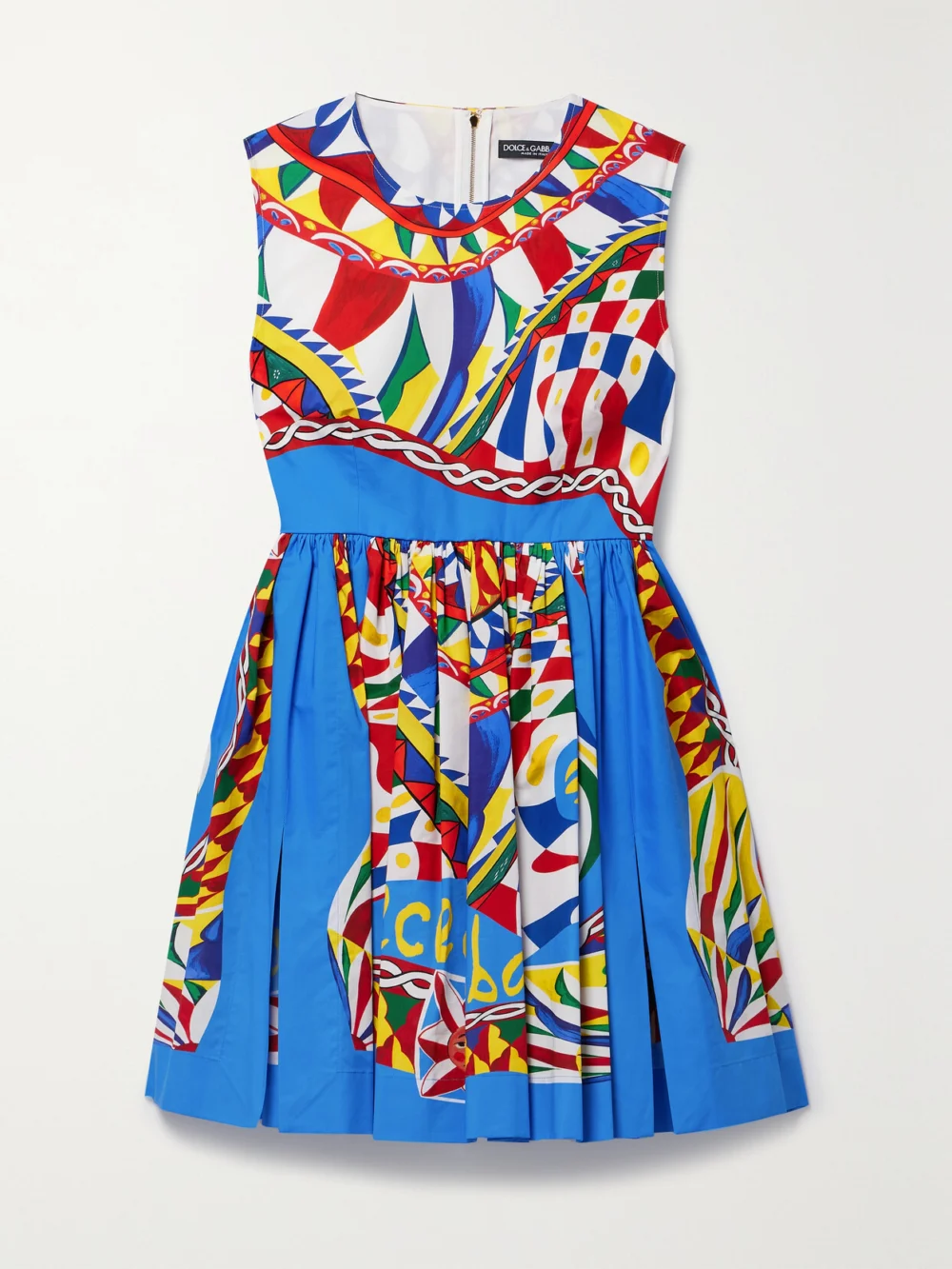 Dolce & Gabbana Pleated Printed Cotton-poplin Mini Dress in blue