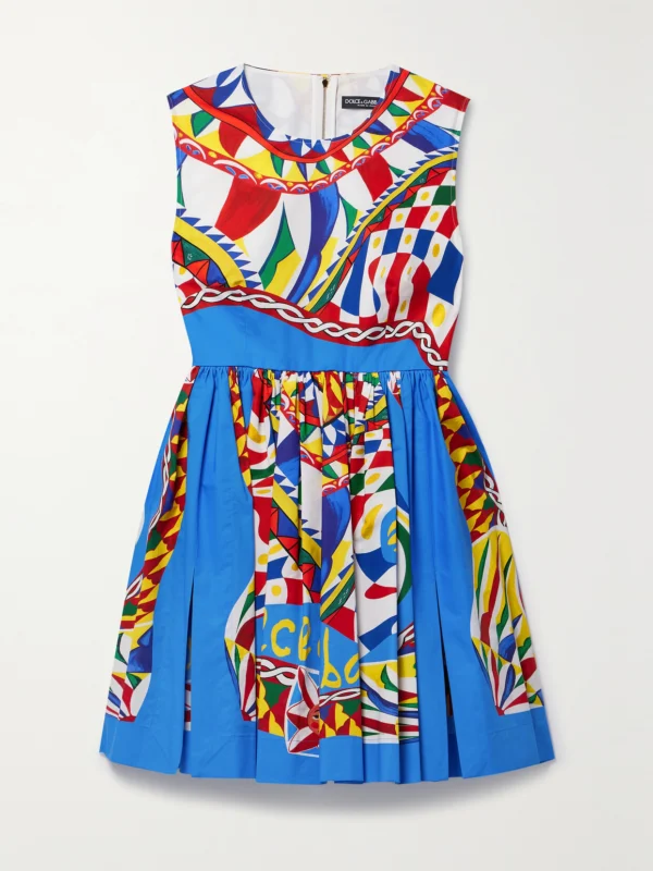 Dolce & Gabbana Pleated Printed Cotton-poplin Mini Dress