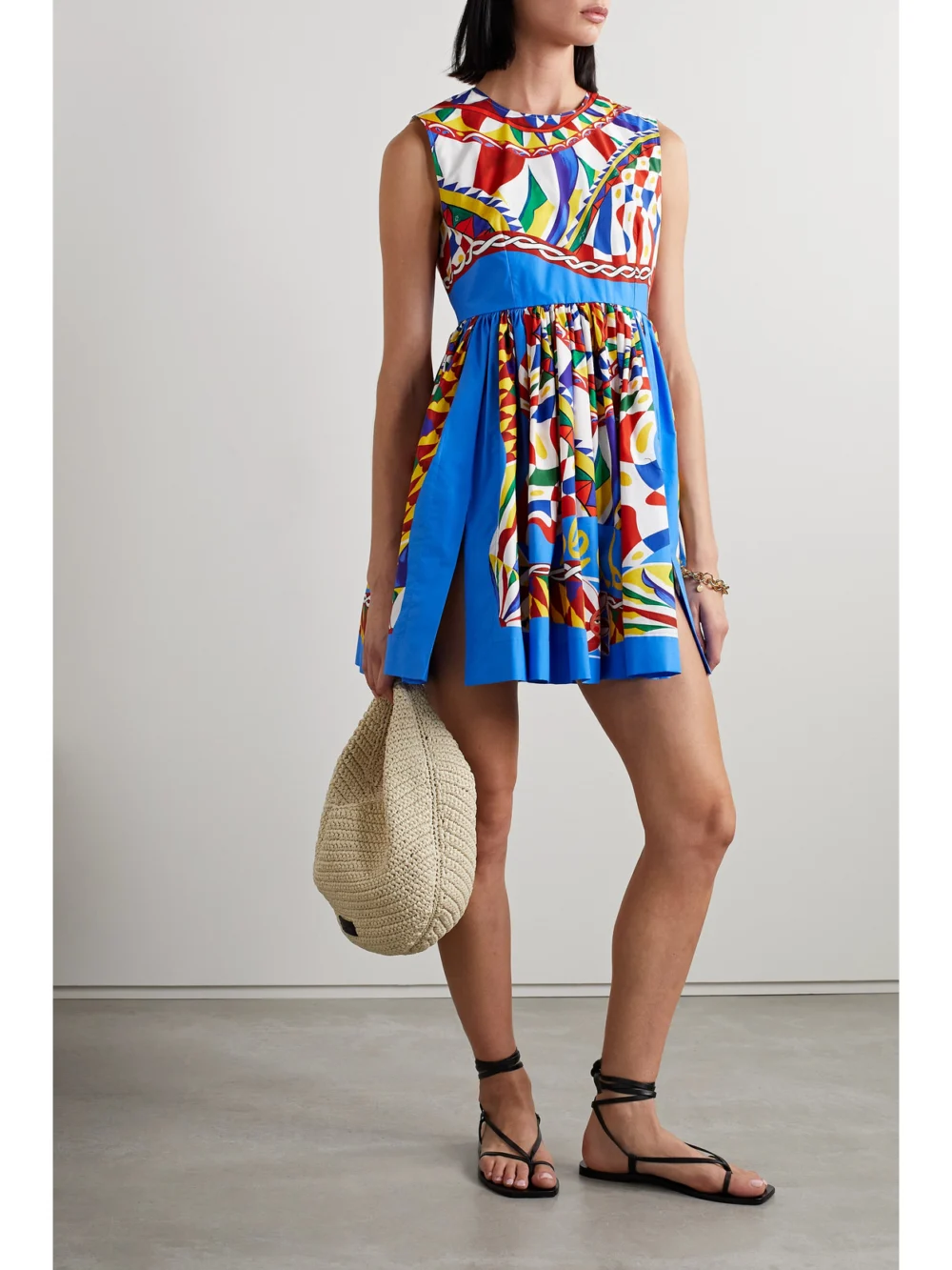Dolce & Gabbana Pleated Printed Cotton-poplin Mini Dress, worn by a model