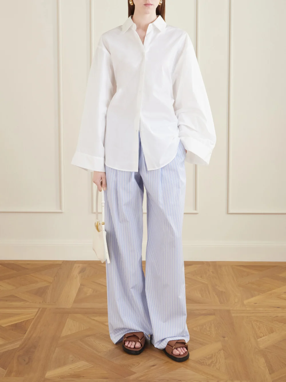 Dolce & Gabbana Pleated Striped Cotton-poplin Wide-leg Pants, worn by a model