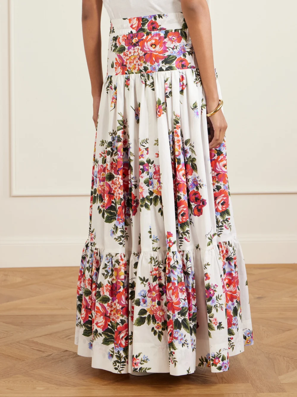 Back view of the Dolce & Gabbana Pleated Tiered Floral-print Cotton-poplin Midi Skirt