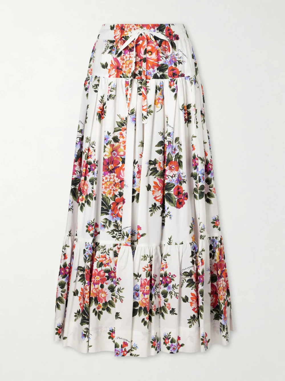 Dolce & Gabbana Pleated Tiered Floral-print Cotton-poplin Midi Skirt in white