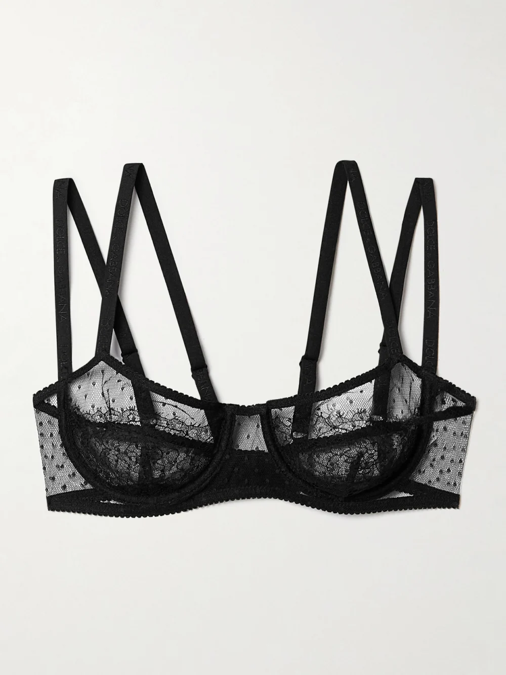 Dolce & Gabbana Polka-dot Tulle and Chantilly Lace Underwired Soft-cup Balconette Bra in black