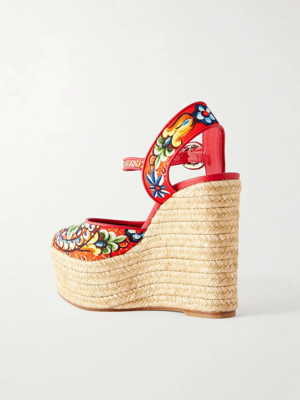 Back view of the Dolce & Gabbana Printed Leather-trimmed Canvas Wedge Sandals