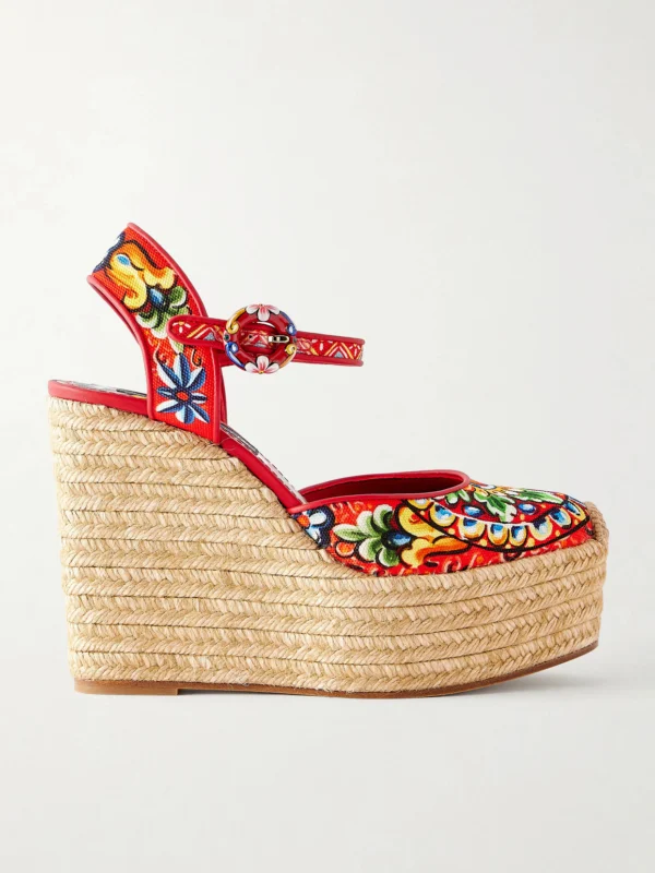 Dolce & Gabbana Printed Leather-trimmed Canvas Wedge Sandals