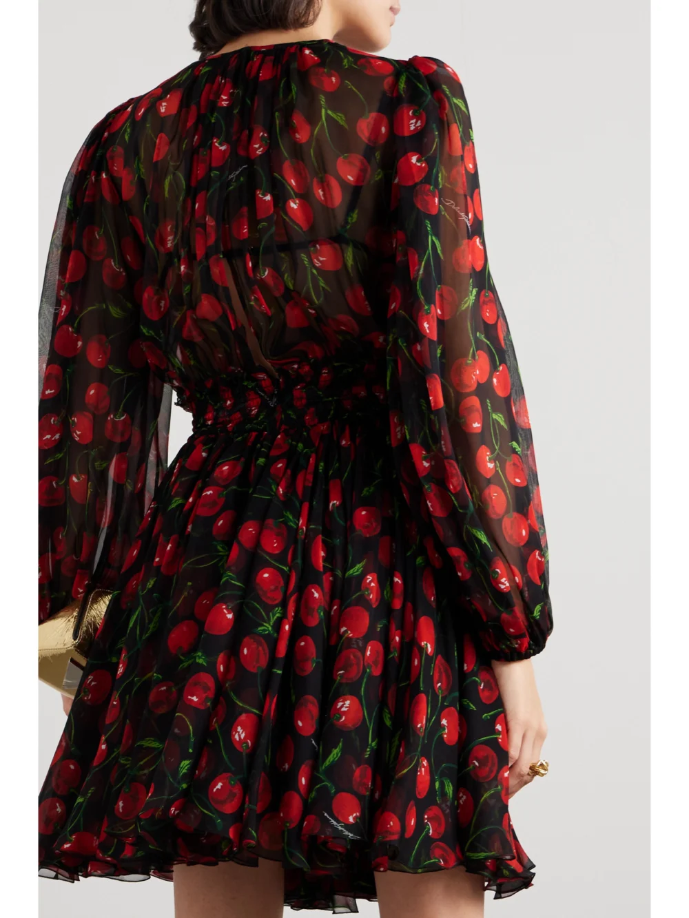 Back view of the Dolce & Gabbana Printed Pleated Silk-chiffon Mini Dress
