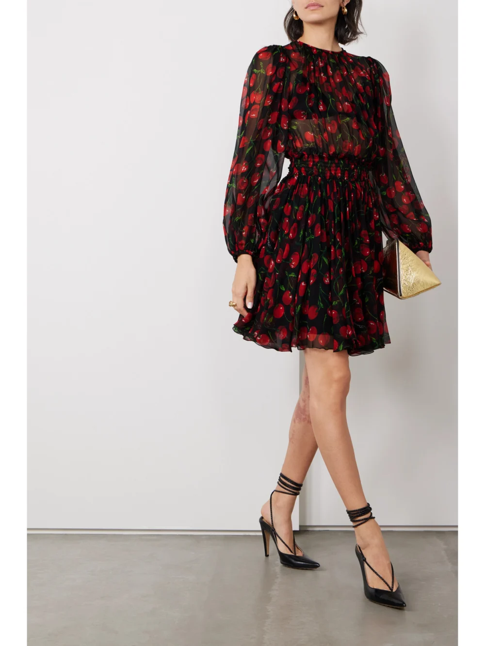Dolce & Gabbana Printed Pleated Silk-chiffon Mini Dress, worn by a model