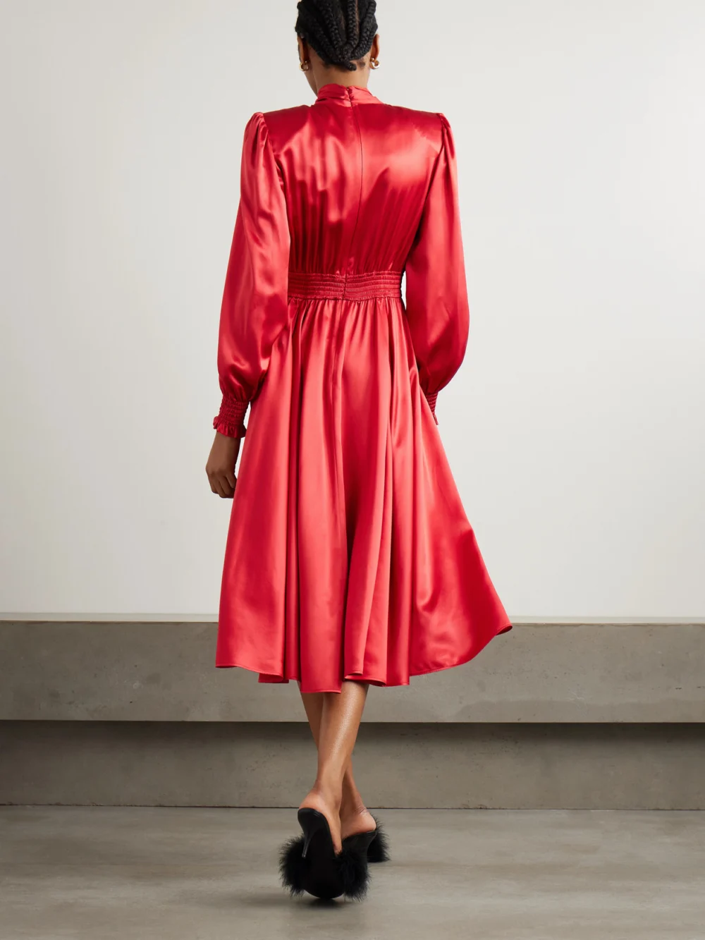 Back view of the Dolce & Gabbana Pussy-bow Smocked Pleated Silk-satin Midi Dress