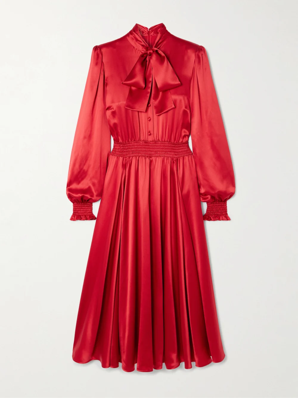 Dolce & Gabbana Pussy-bow Smocked Pleated Silk-satin Midi Dress in red
