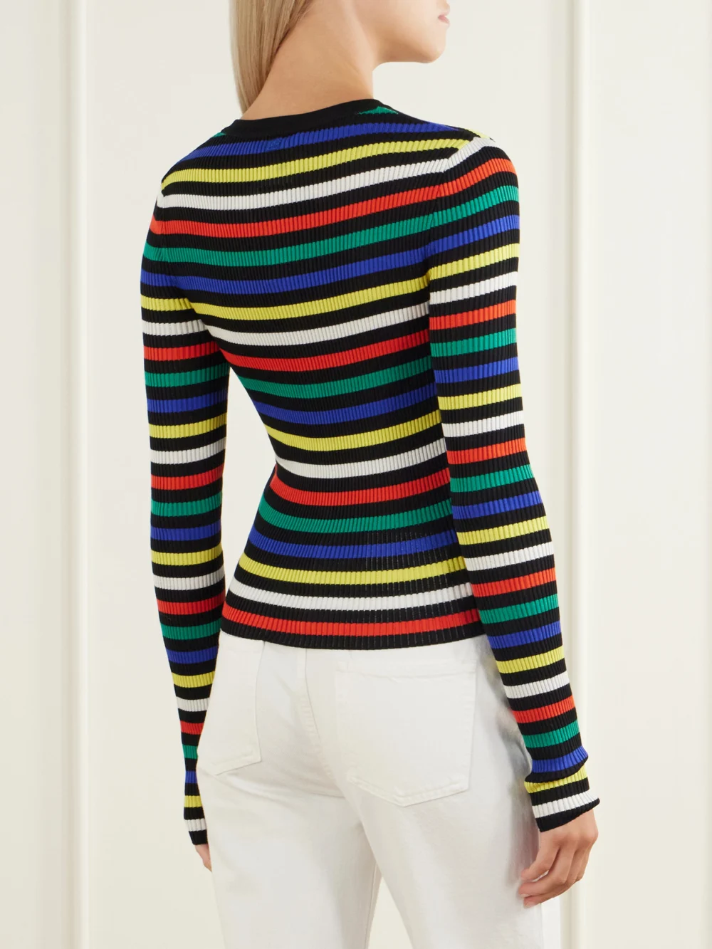 Back view of the Dolce & Gabbana Ribbed Striped Silk Cardigan