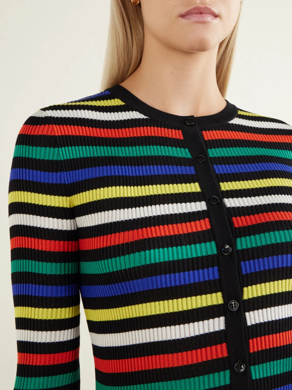 Close-up detail of the Dolce & Gabbana Ribbed Striped Silk Cardigan