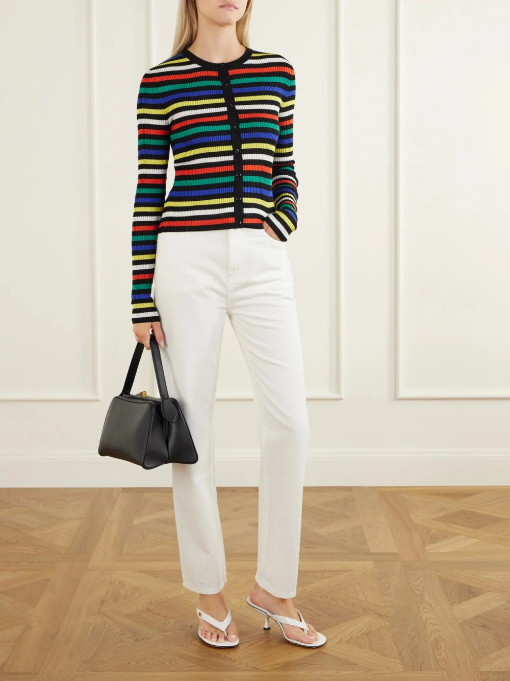 Dolce & Gabbana Ribbed Striped Silk Cardigan, worn by a model