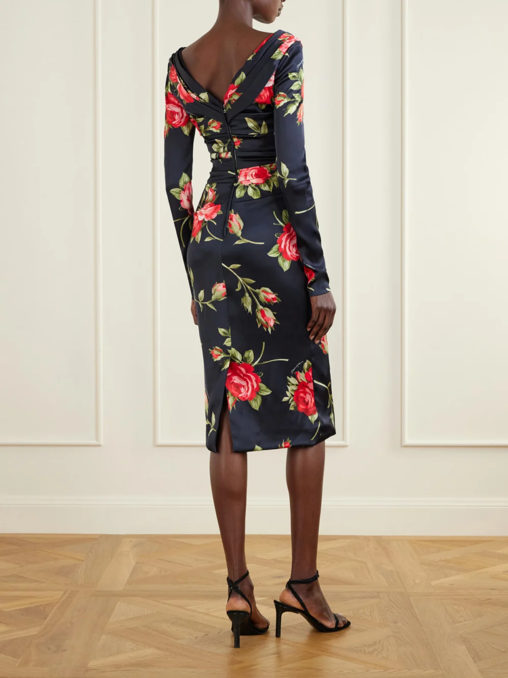 Back view of the Dolce & Gabbana Ruched Floral-printed Satin Midi Dress