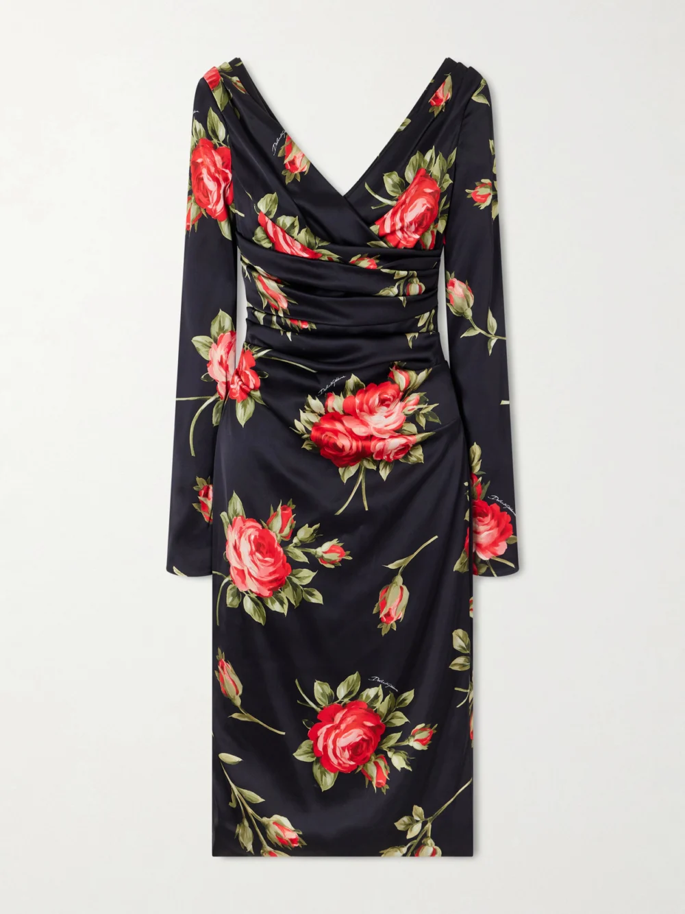 Dolce & Gabbana Ruched Floral-printed Satin Midi Dress in black