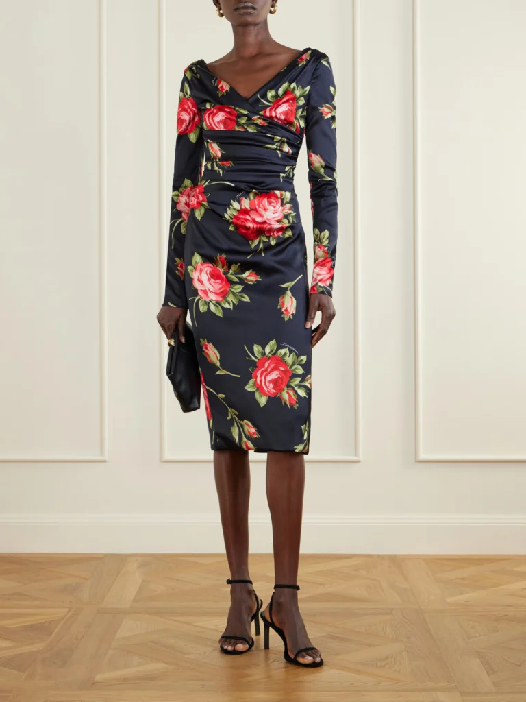 Dolce & Gabbana Ruched Floral-printed Satin Midi Dress