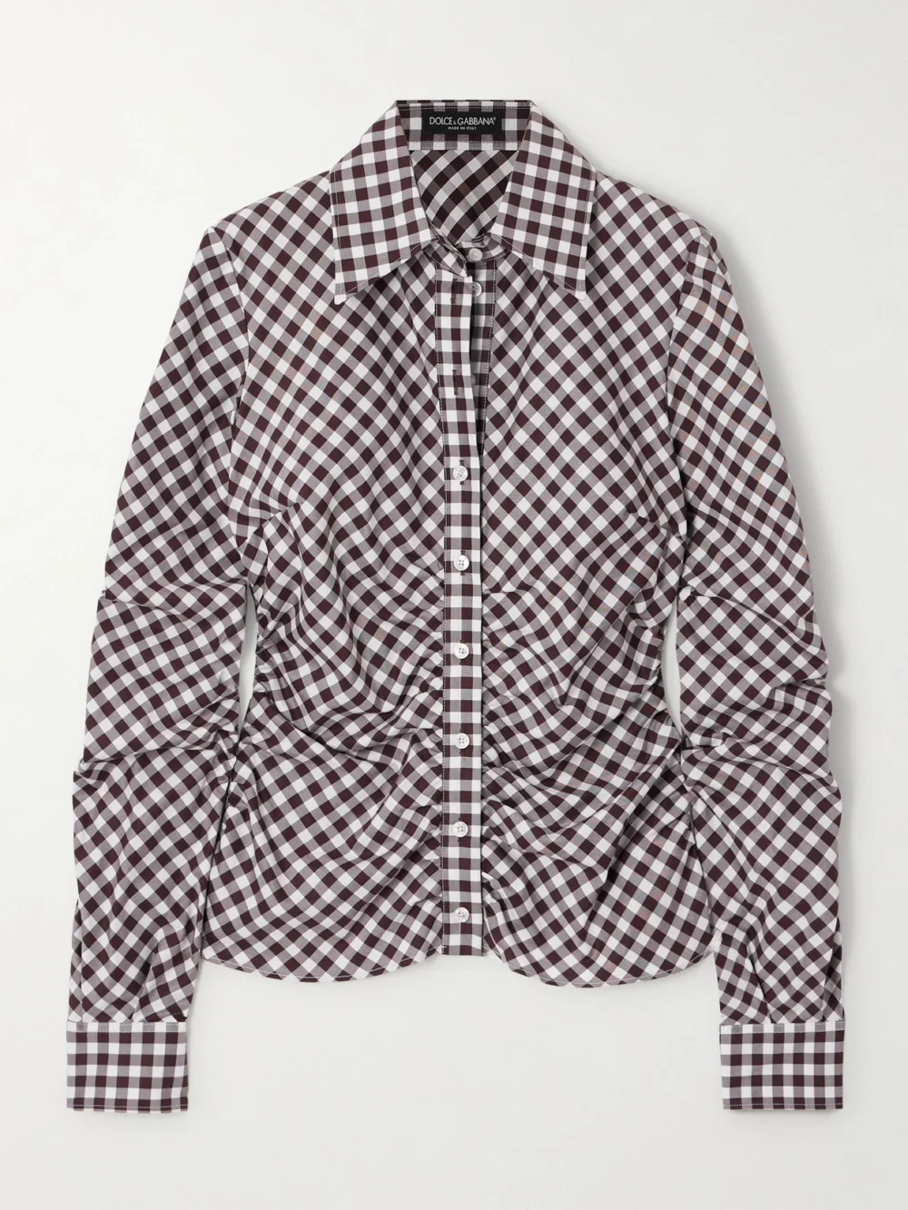 Dolce & Gabbana Ruched Gingham Cotton Shirt in brown