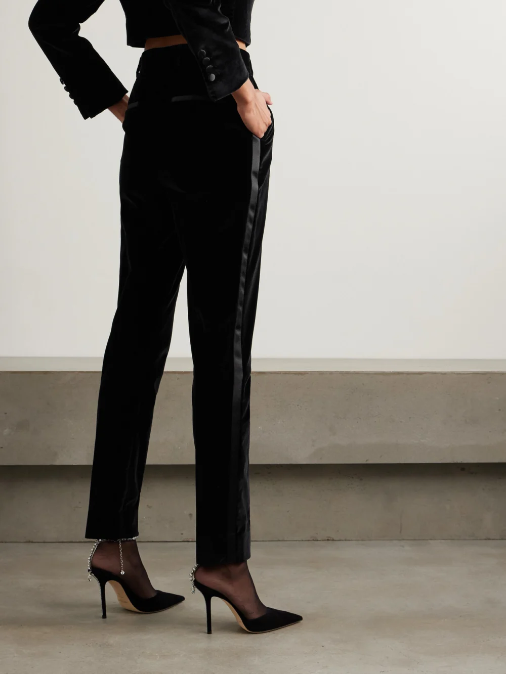 Back view of the Dolce & Gabbana Satin-trimmed Cotton-blend Velvet Slim-leg Pants