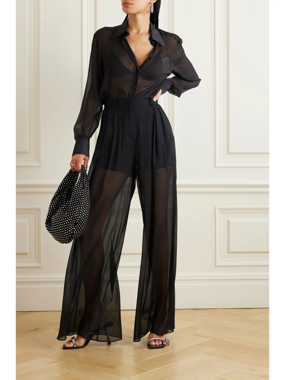 Dolce & Gabbana Satin-trimmed Silk-chiffon Shirt, worn by a model