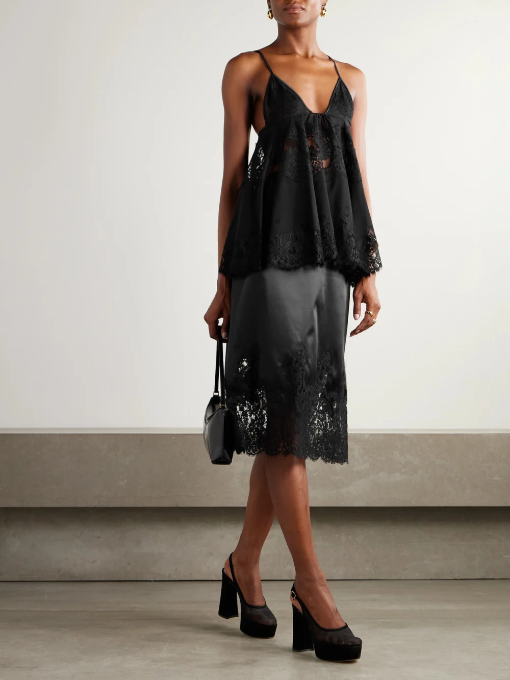 Dolce & Gabbana Scalloped Lace-trimmed Chiffon Camisole, worn by a model