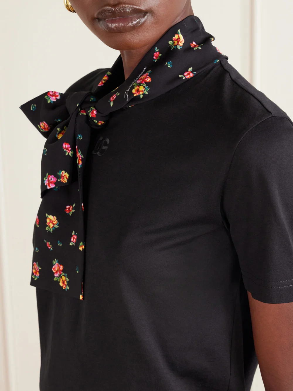 Close-up detail of the Dolce & Gabbana Scarf-detailed Satin-trimmed Cotton-blend Jersey T-shirt