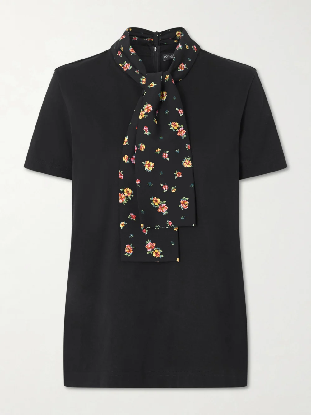 Dolce & Gabbana Scarf-detailed Satin-trimmed Cotton-blend Jersey T-shirt in black