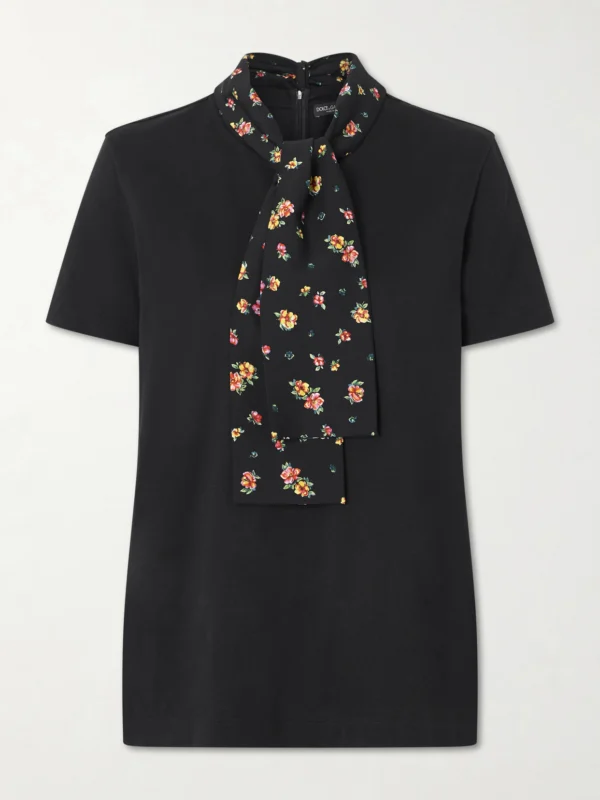 Dolce & Gabbana Scarf-detailed Satin-trimmed Cotton-blend Jersey T-shirt