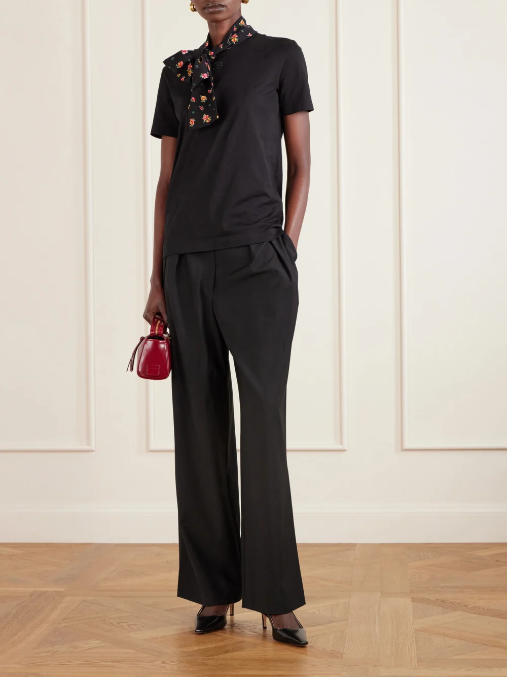 Dolce & Gabbana Scarf-detailed Satin-trimmed Cotton-blend Jersey T-shirt, worn by a model