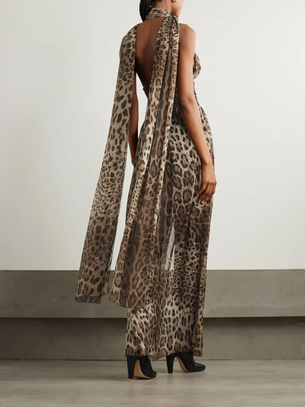 Back view of the Dolce & Gabbana Scarf-detailed Smocked Leopard-print Silk-chiffon Gown