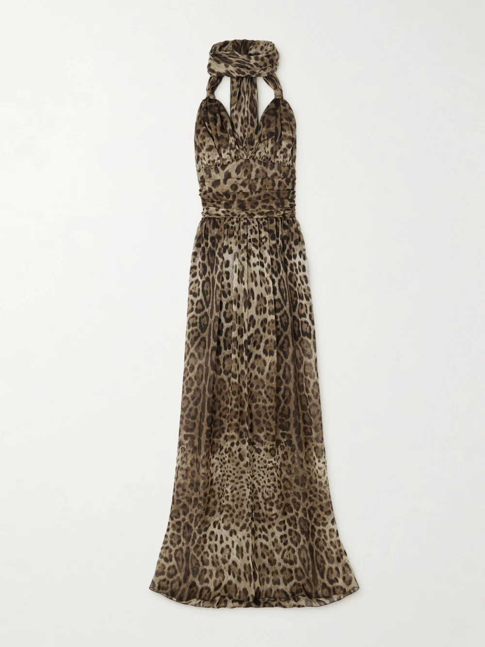 Dolce & Gabbana Scarf-detailed Smocked Leopard-print Silk-chiffon Gown in leopard print