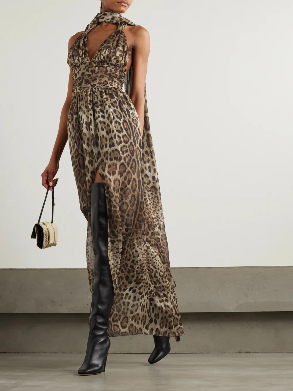 Dolce & Gabbana Scarf-detailed Smocked Leopard-print Silk-chiffon Gown, worn by a model