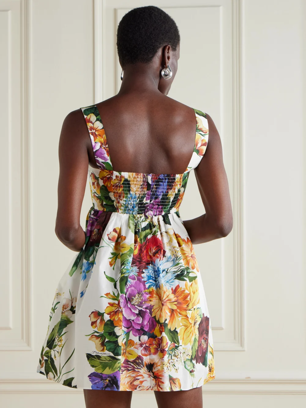 Back view of the Dolce & Gabbana Shirred Floral-print Cotton-poplin Bustier Mini Dress