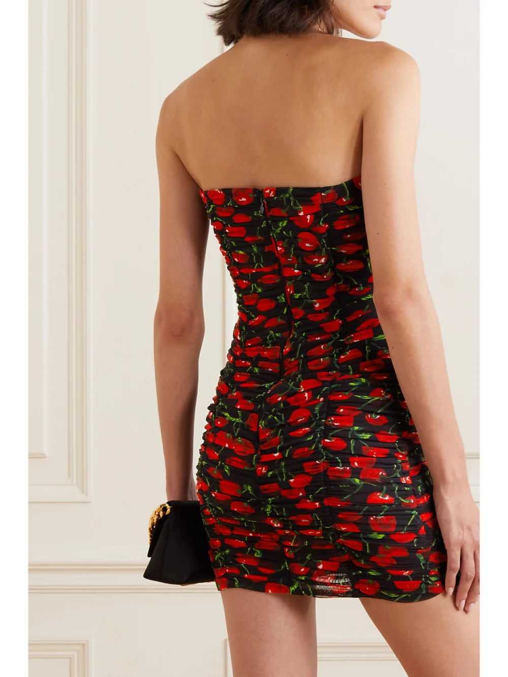Back view of the Dolce & Gabbana Strapless Ruched Printed Stretch-tulle Mini Dress