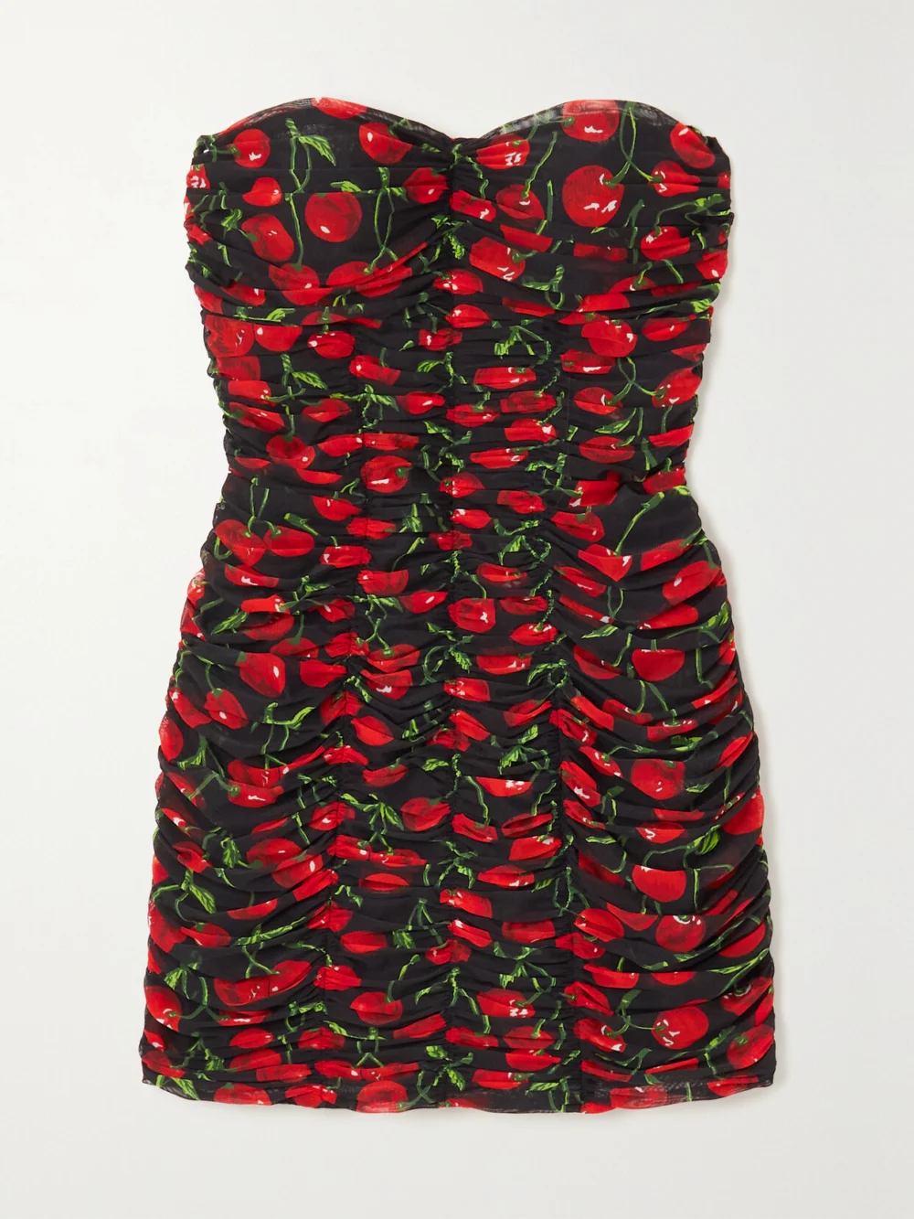 Dolce & Gabbana Strapless Ruched Printed Stretch-tulle Mini Dress in red
