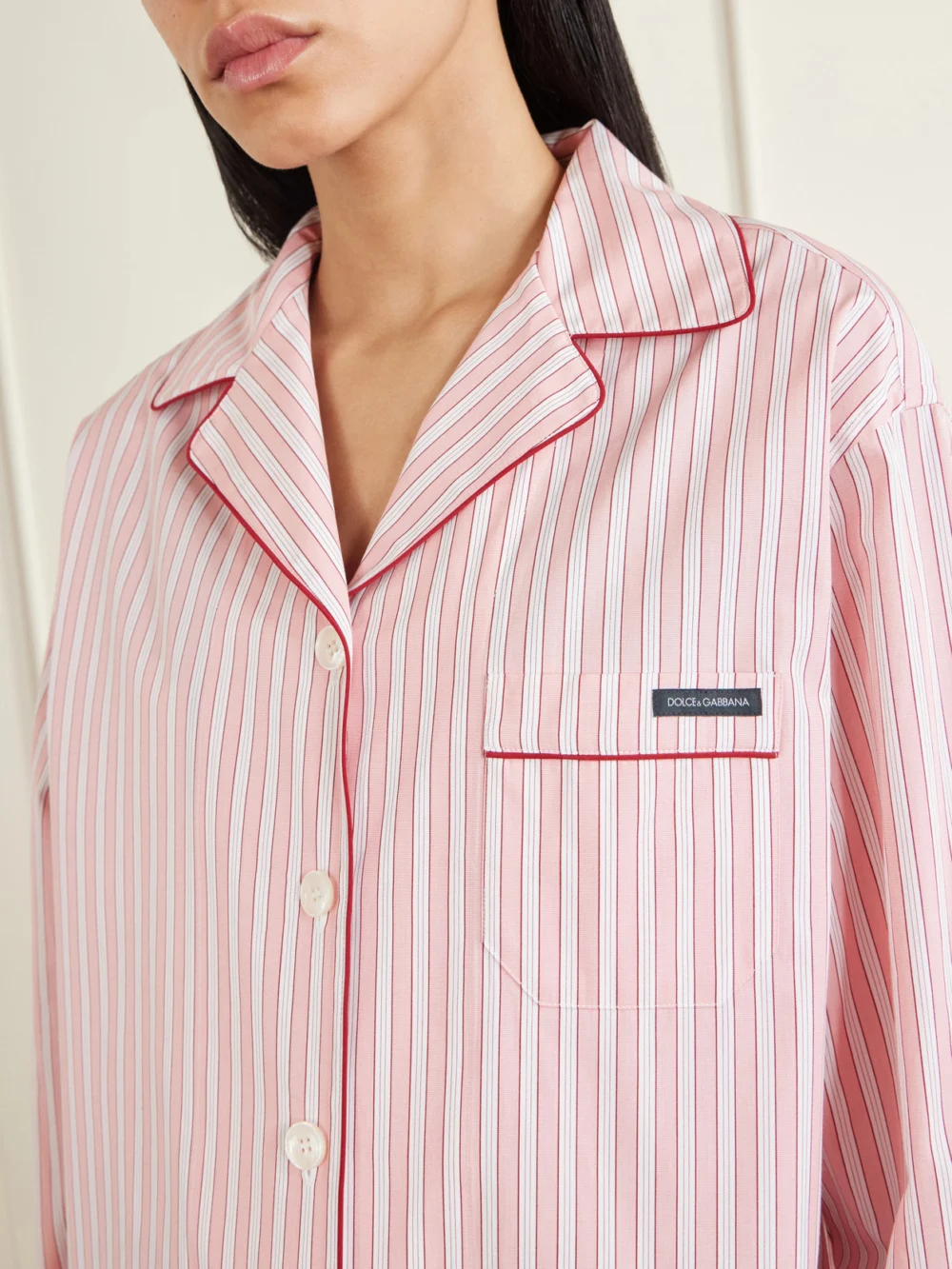 Close-up detail of the Dolce & Gabbana Striped Cotton and Silk-blend Poplin Shirt