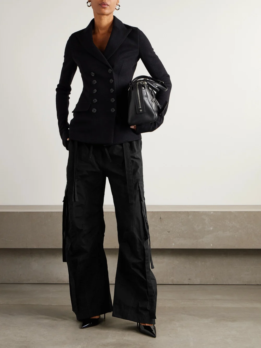 Dolce & Gabbana Tie-detailed Waxed-faille Cargo Pants, worn by a model