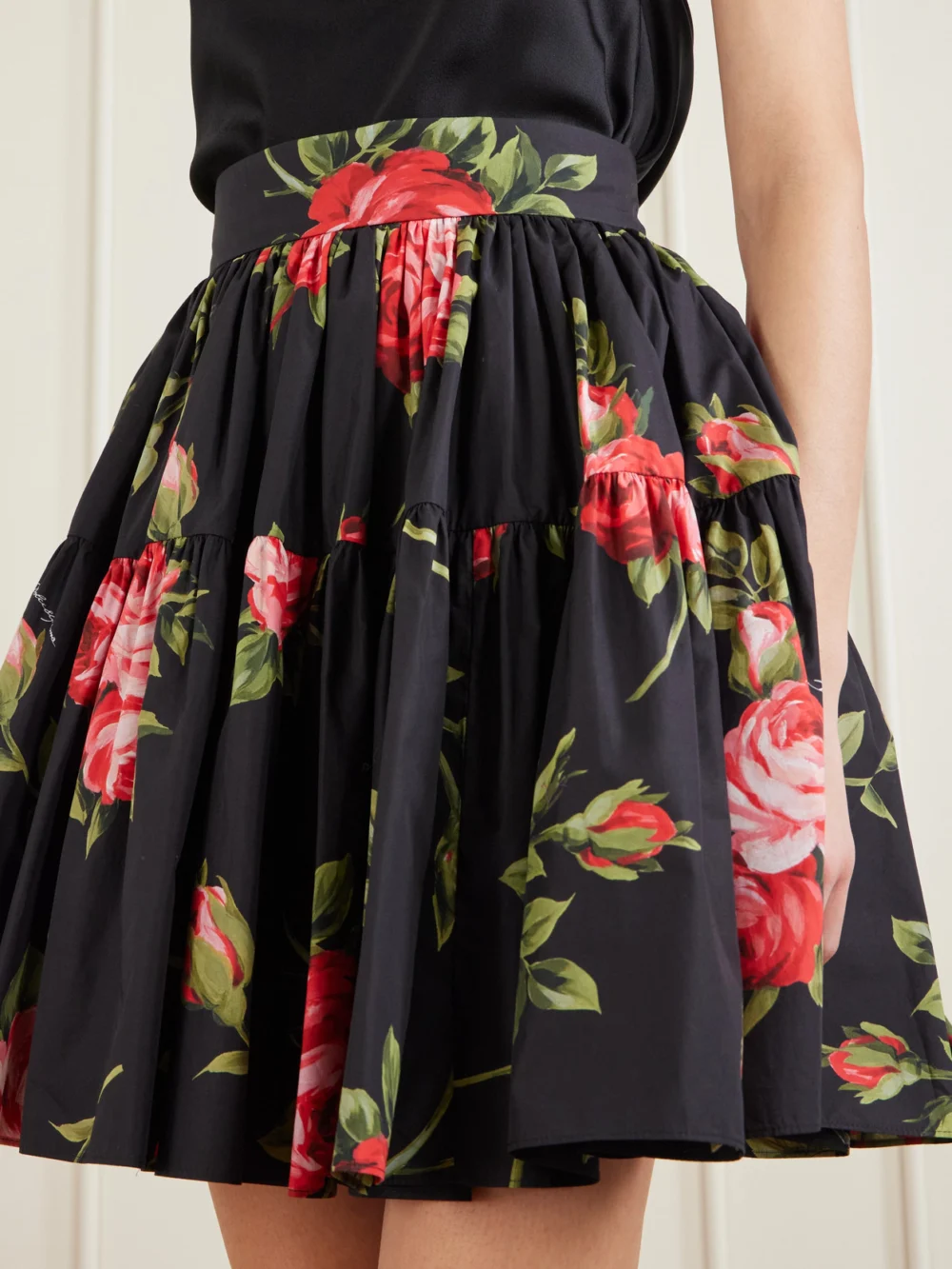 Close-up detail of the Dolce & Gabbana Tiered Floral-print Cotton-poplin Mini Skirt