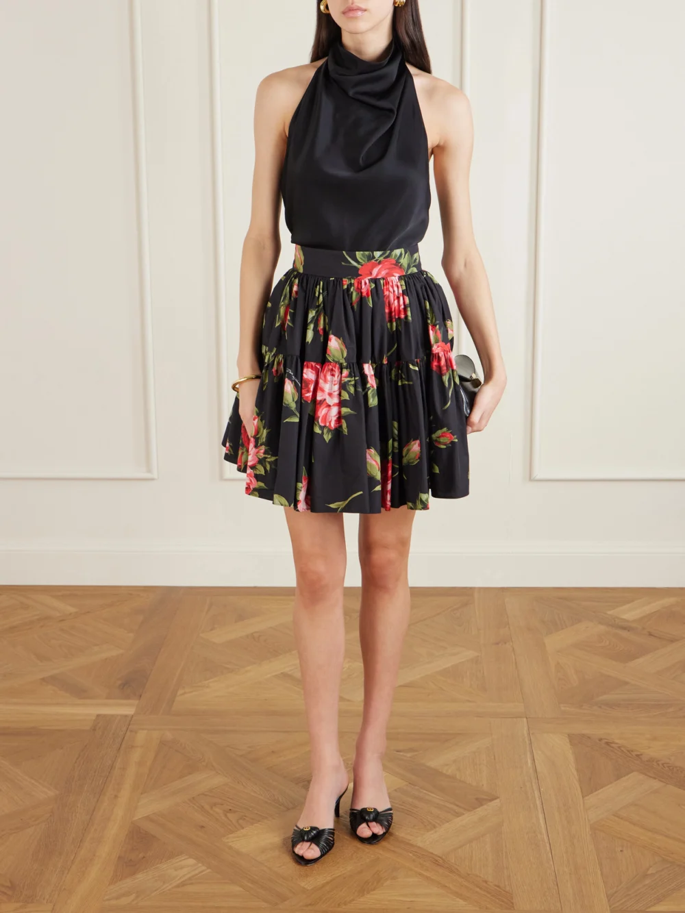 Dolce & Gabbana Tiered Floral-print Cotton-poplin Mini Skirt, worn by a model
