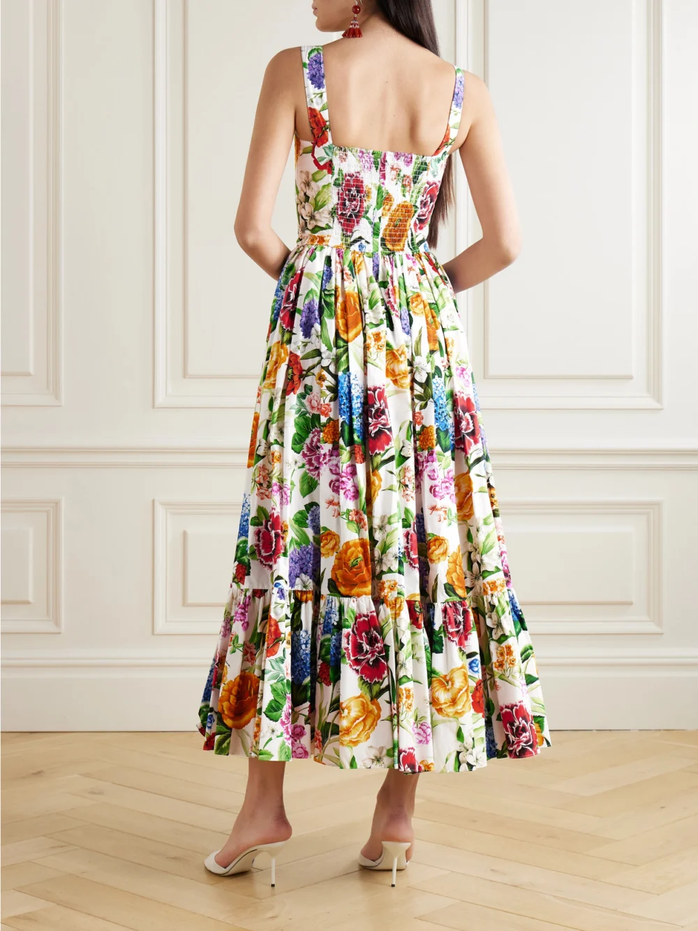Back view of the Dolce & Gabbana Tiered Pleated Floral-print Cotton-poplin Midi Dress